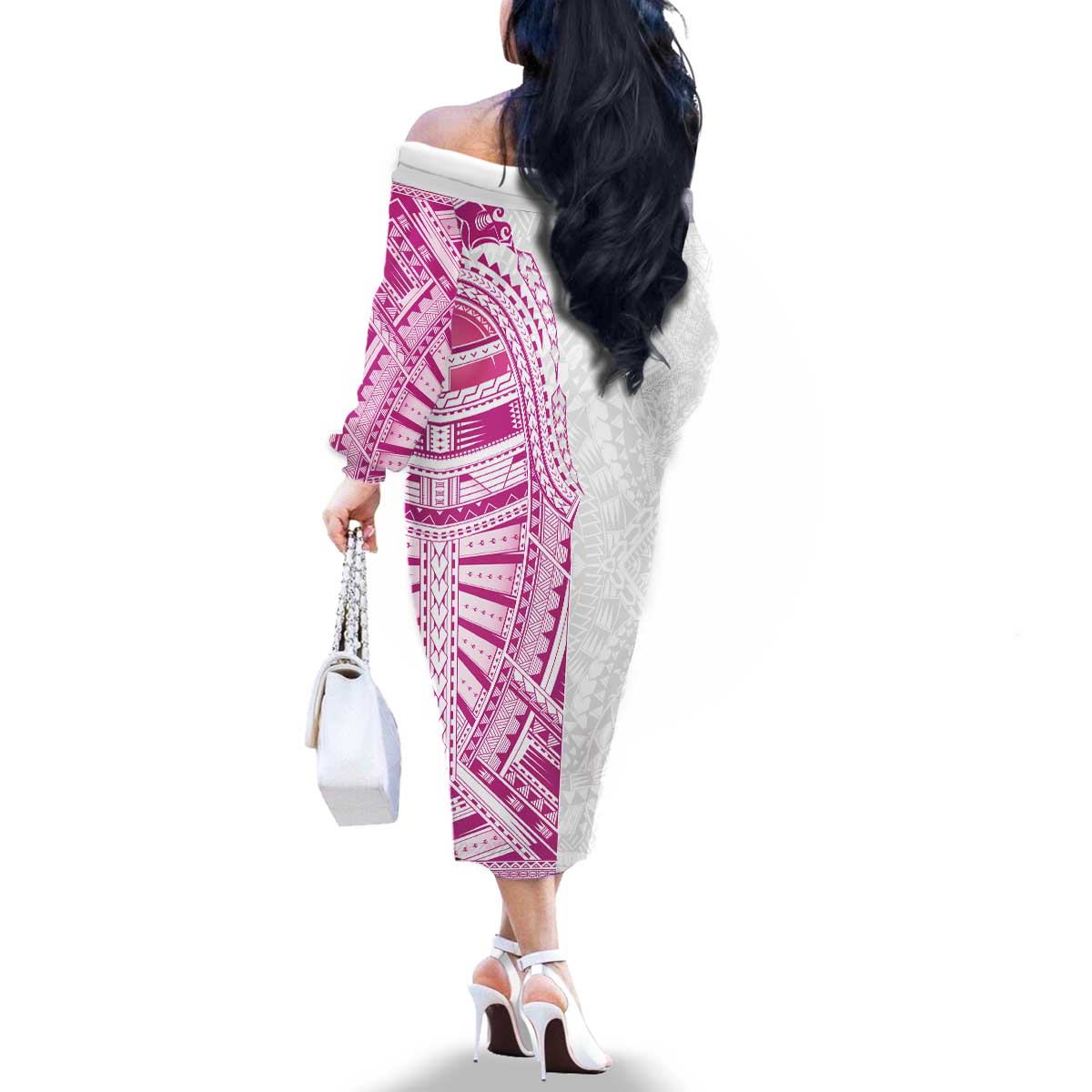 Traditional Polynesian Art Tattoos Family Matching Off The Shoulder Long Sleeve Dress and Hawaiian Shirt Pink Color LT03 - Polynesian Pride