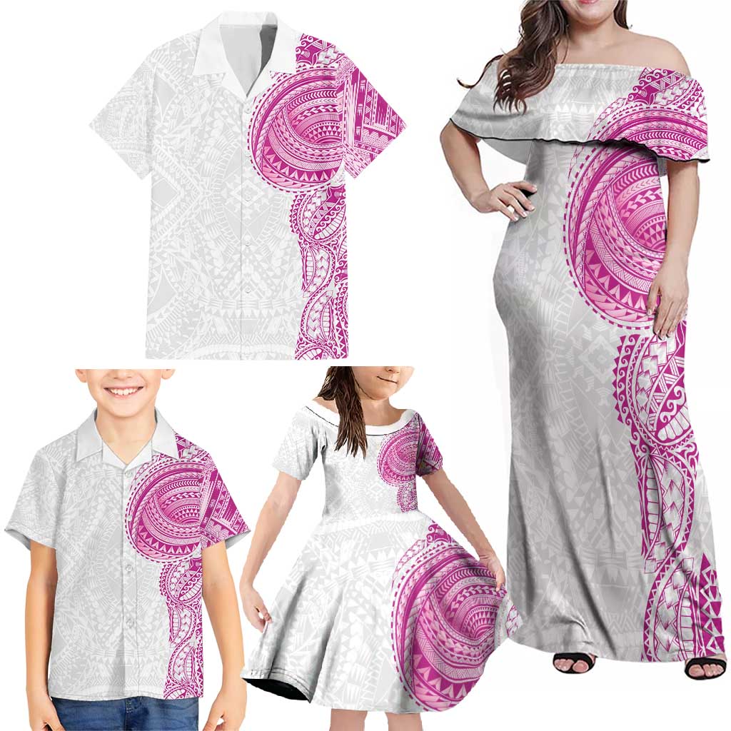 Traditional Polynesian Art Tattoos Family Matching Off Shoulder Maxi Dress and Hawaiian Shirt Pink Color LT03 - Polynesian Pride