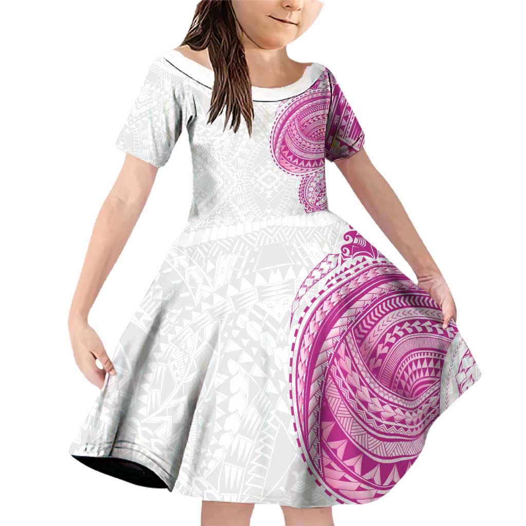 Traditional Polynesian Art Tattoos Family Matching Off Shoulder Short Dress and Hawaiian Shirt Pink Color LT03 Daughter's Dress Pink - Polynesian Pride