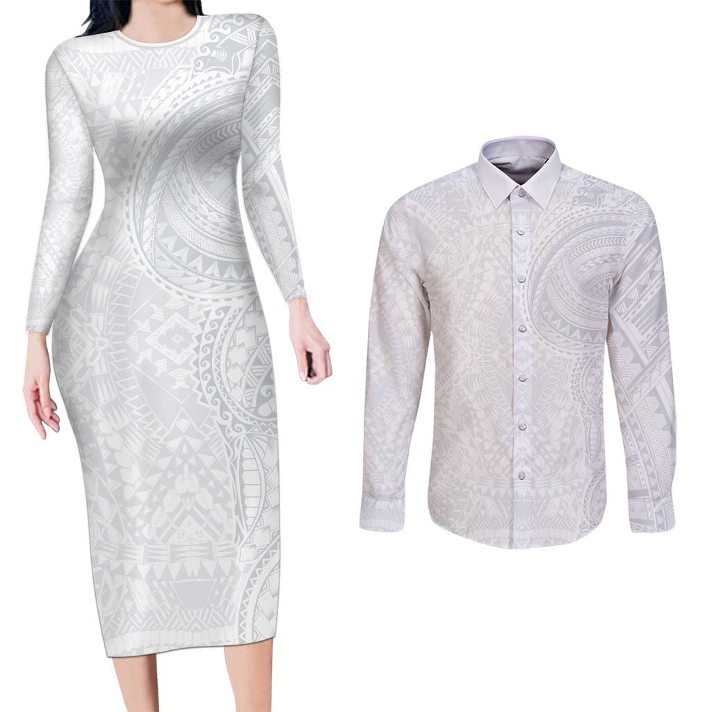 Lotu Tamaiti Couples Matching Long Sleeve Bodycon Dress and Long Sleeve Button Shirt Traditional Samoan Art Tattoos LT03 White - Polynesian Pride