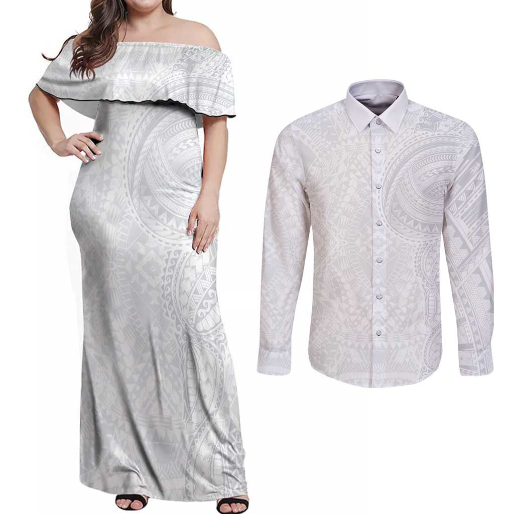 Lotu Tamaiti Couples Matching Off Shoulder Maxi Dress and Long Sleeve Button Shirt Traditional Samoan Art Tattoos LT03 White - Polynesian Pride