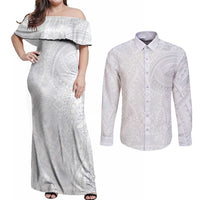 Lotu Tamaiti Couples Matching Off Shoulder Maxi Dress and Long Sleeve Button Shirt Traditional Samoan Art Tattoos LT03 White - Polynesian Pride