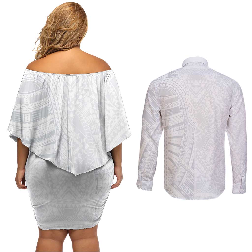 Lotu Tamaiti Couples Matching Off Shoulder Short Dress and Long Sleeve Button Shirt Traditional Samoan Art Tattoos LT03 - Polynesian Pride
