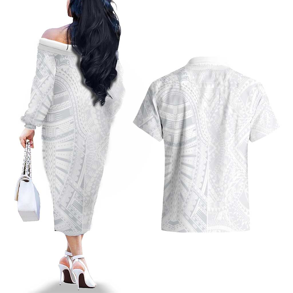 Lotu Tamaiti Couples Matching Off The Shoulder Long Sleeve Dress and Hawaiian Shirt Traditional Samoan Art Tattoos LT03 - Polynesian Pride