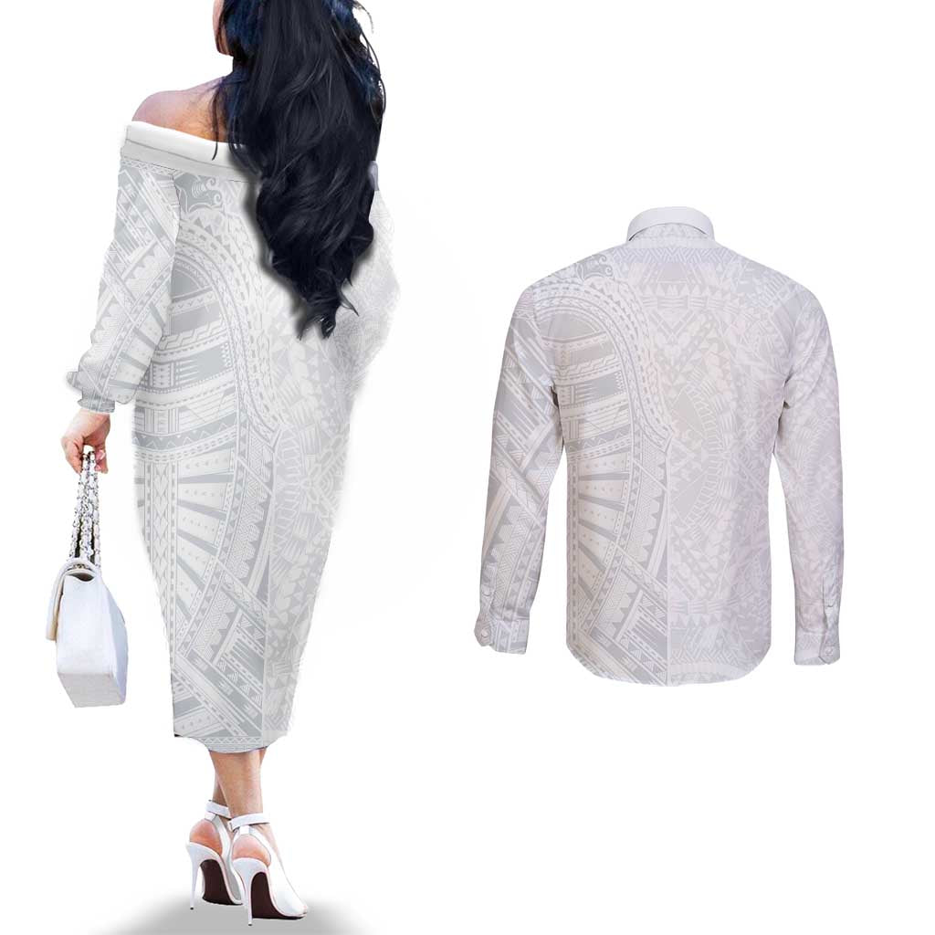 Lotu Tamaiti Couples Matching Off The Shoulder Long Sleeve Dress and Long Sleeve Button Shirt Traditional Samoan Art Tattoos LT03 - Polynesian Pride