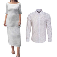 Lotu Tamaiti Couples Matching Puletasi and Long Sleeve Button Shirt Traditional Samoan Art Tattoos LT03 White - Polynesian Pride