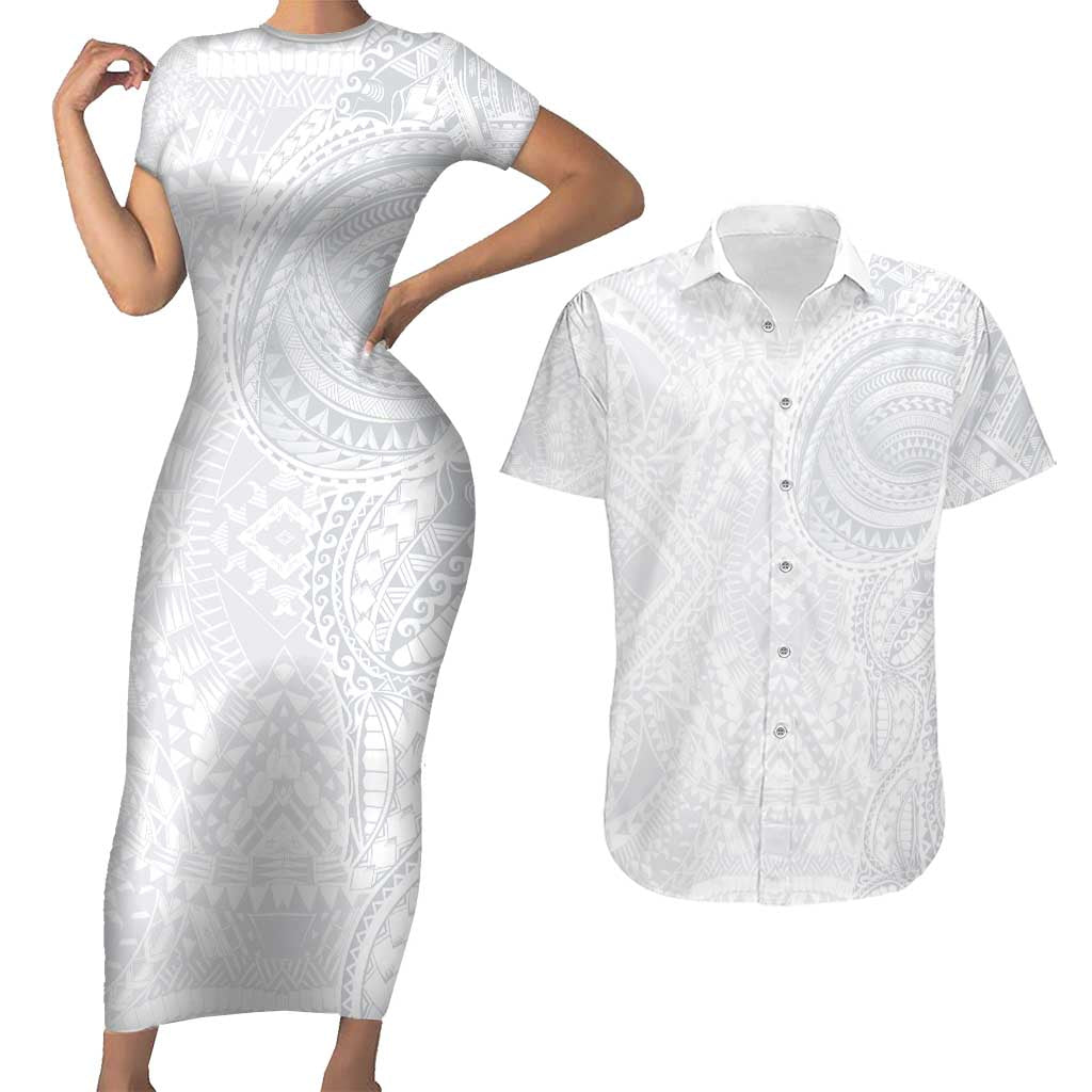 Lotu Tamaiti Couples Matching Short Sleeve Bodycon Dress and Hawaiian Shirt Traditional Samoan Art Tattoos LT03 White - Polynesian Pride