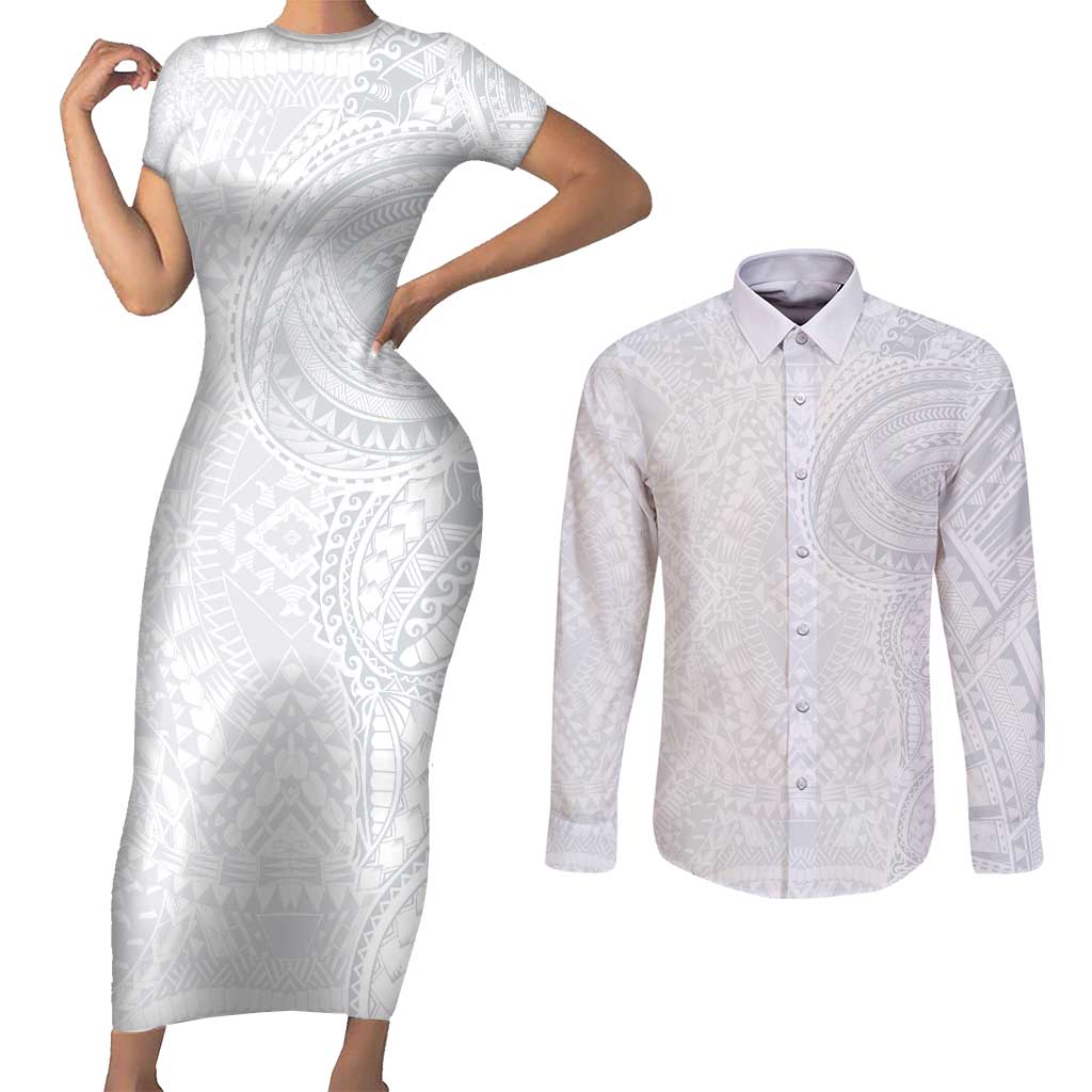 Lotu Tamaiti Couples Matching Short Sleeve Bodycon Dress and Long Sleeve Button Shirt Traditional Samoan Art Tattoos LT03 White - Polynesian Pride