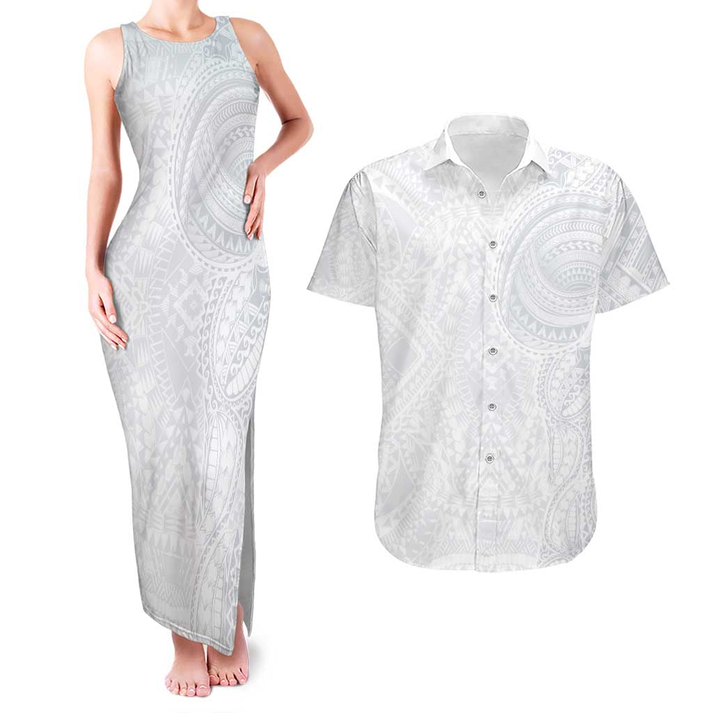 Lotu Tamaiti Couples Matching Tank Maxi Dress and Hawaiian Shirt Traditional Samoan Art Tattoos LT03 White - Polynesian Pride