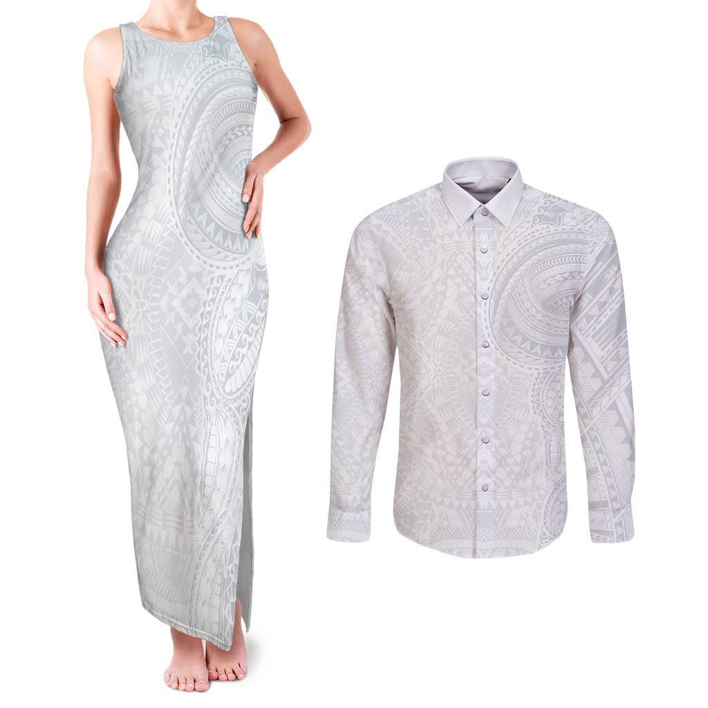 Lotu Tamaiti Couples Matching Tank Maxi Dress and Long Sleeve Button Shirt Traditional Samoan Art Tattoos LT03 White - Polynesian Pride