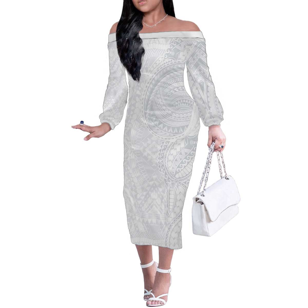 Lotu Tamaiti Family Matching Off The Shoulder Long Sleeve Dress and Hawaiian Shirt Traditional Samoan Art Tattoos LT03 Mom's Dress White - Polynesian Pride
