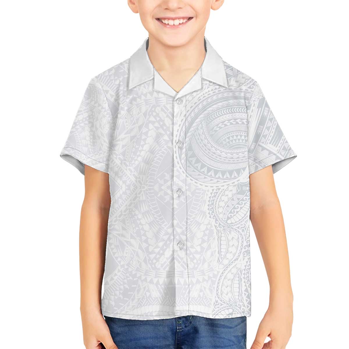 Lotu Tamaiti Family Matching Off The Shoulder Long Sleeve Dress and Hawaiian Shirt Traditional Samoan Art Tattoos LT03 Son's Shirt White - Polynesian Pride