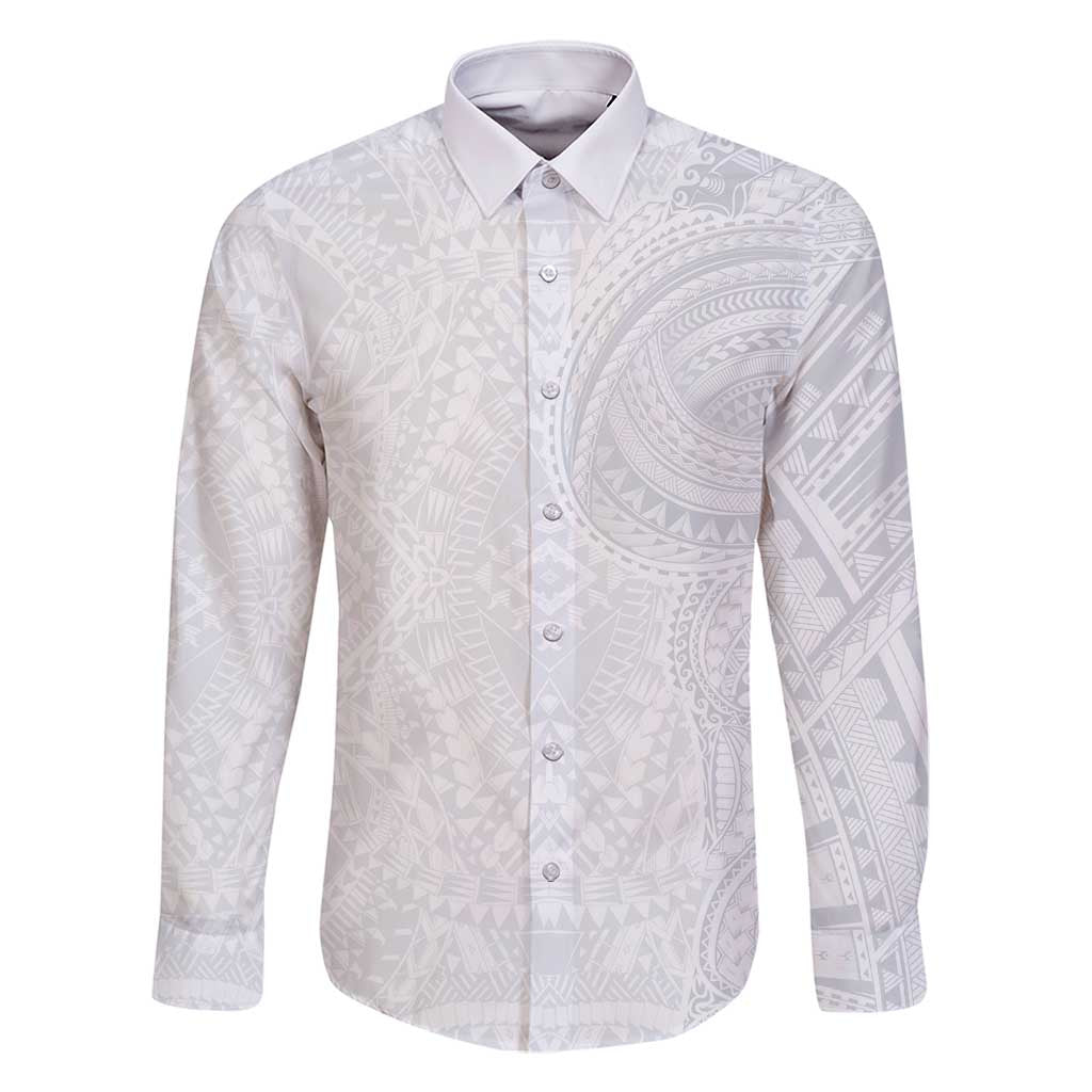 Lotu Tamaiti Family Matching Off Shoulder Short Dress and Hawaiian Shirt Traditional Samoan Art Tattoos LT03 Dad's Shirt - Long Sleeve White - Polynesian Pride