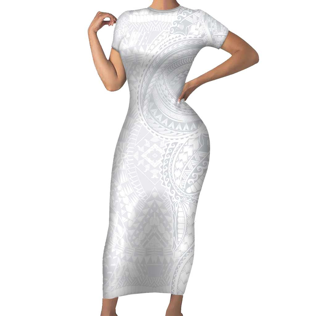 Lotu Tamaiti Family Matching Short Sleeve Bodycon Dress and Hawaiian Shirt Traditional Samoan Art Tattoos LT03 Mom's Dress White - Polynesian Pride
