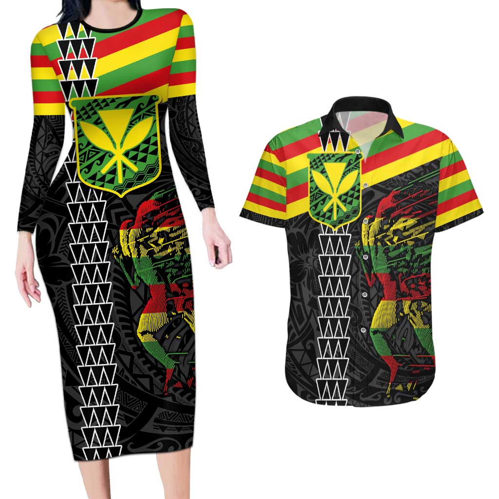 Kanaka Maoli Running Couples Matching Long Sleeve Bodycon Dress and Hawaiian Shirt Kakau Pattern with Kanaka Maoli Flag Color LT03 Black - Polynesian Pride