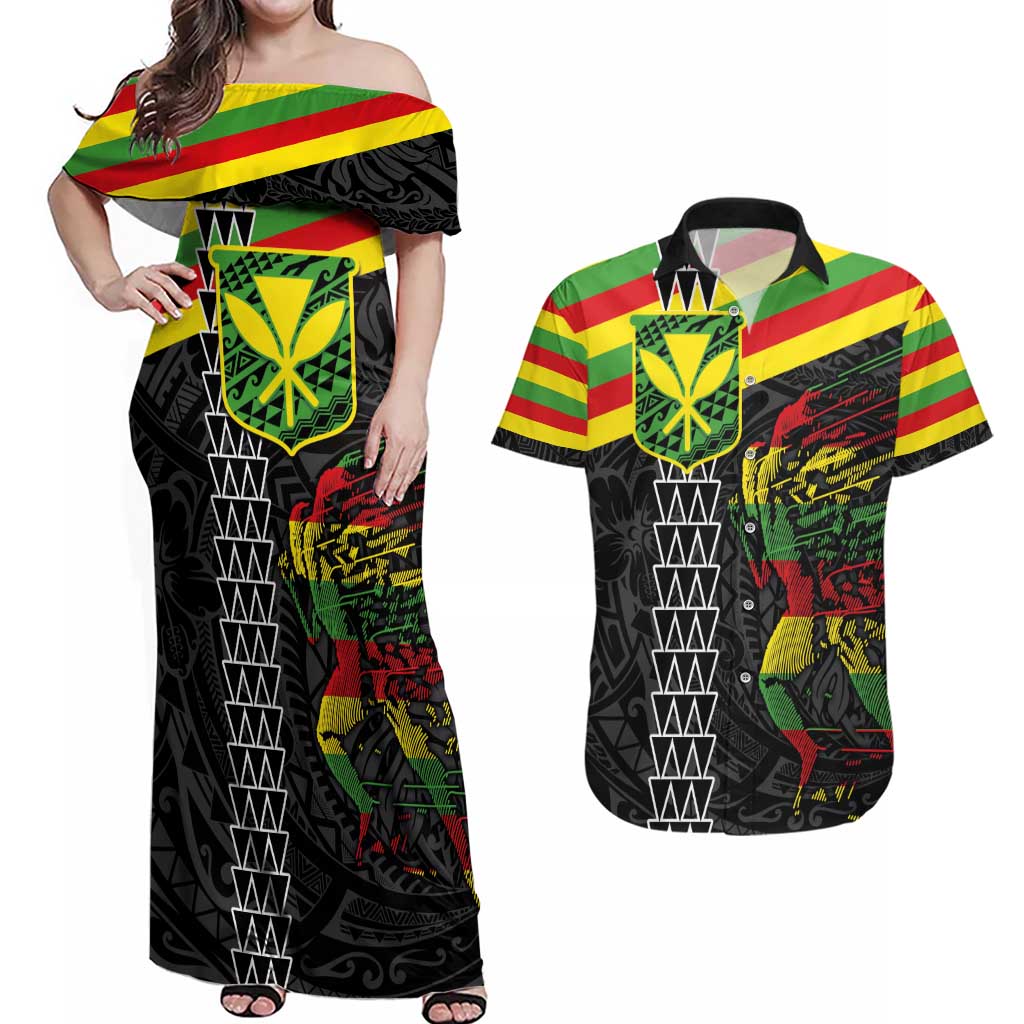 Kanaka Maoli Running Couples Matching Off Shoulder Maxi Dress and Hawaiian Shirt Kakau Pattern with Kanaka Maoli Flag Color LT03 Black - Polynesian Pride
