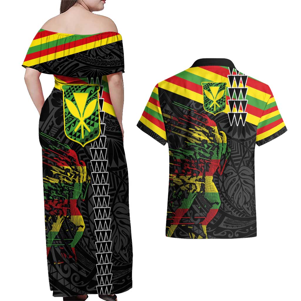 Kanaka Maoli Running Couples Matching Off Shoulder Maxi Dress and Hawaiian Shirt Kakau Pattern with Kanaka Maoli Flag Color LT03 - Polynesian Pride
