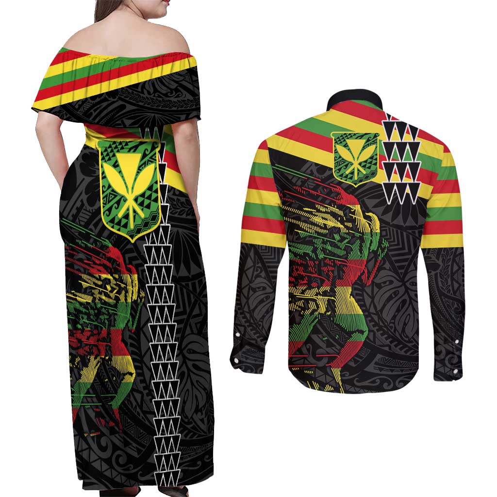Kanaka Maoli Running Couples Matching Off Shoulder Maxi Dress and Long Sleeve Button Shirt Kakau Pattern with Kanaka Maoli Flag Color LT03 - Polynesian Pride