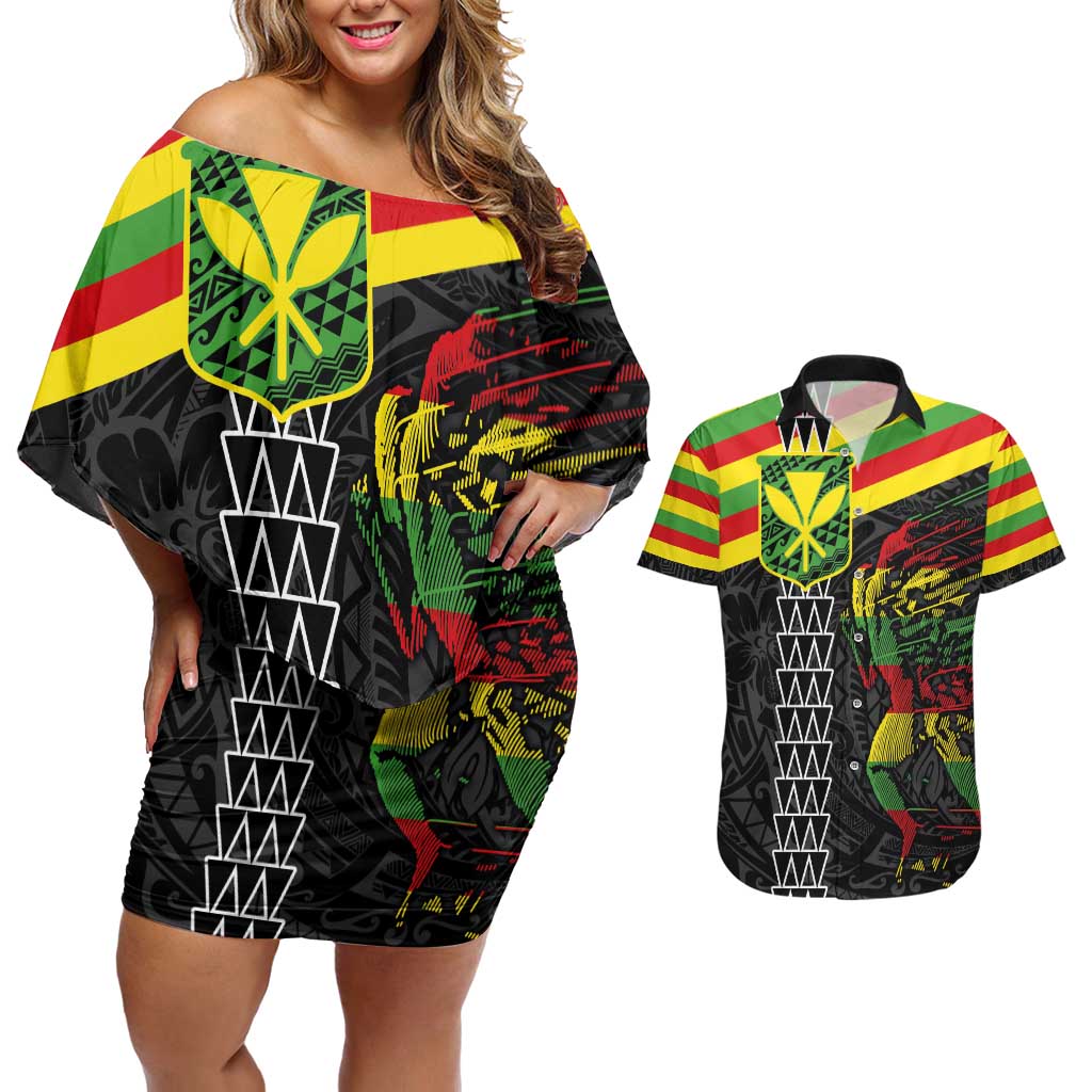 Kanaka Maoli Running Couples Matching Off Shoulder Short Dress and Hawaiian Shirt Kakau Pattern with Kanaka Maoli Flag Color LT03 Black - Polynesian Pride