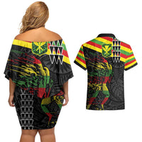 Kanaka Maoli Running Couples Matching Off Shoulder Short Dress and Hawaiian Shirt Kakau Pattern with Kanaka Maoli Flag Color LT03 - Polynesian Pride