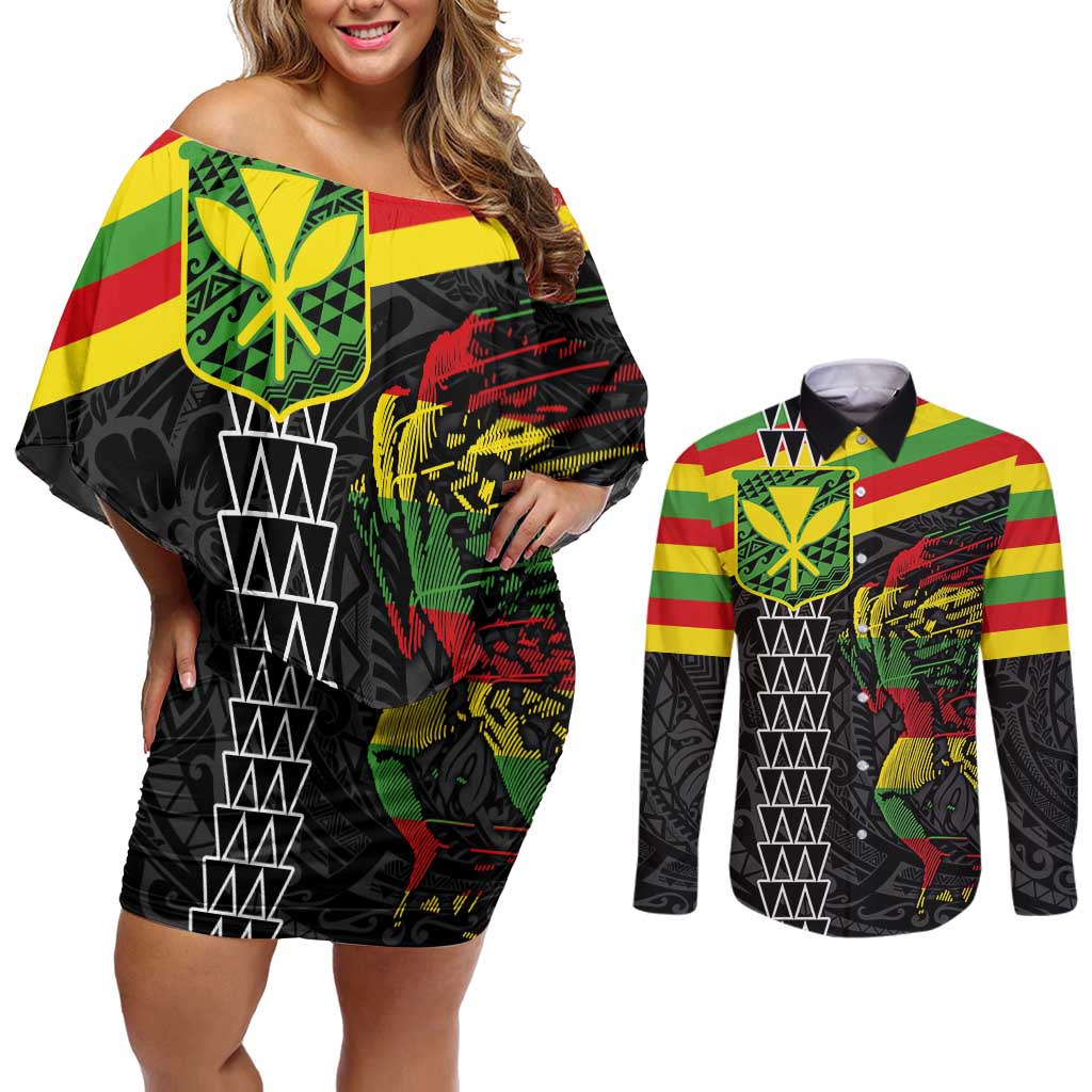 Kanaka Maoli Running Couples Matching Off Shoulder Short Dress and Long Sleeve Button Shirt Kakau Pattern with Kanaka Maoli Flag Color LT03 Black - Polynesian Pride