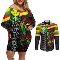 Kanaka Maoli Running Couples Matching Off Shoulder Short Dress and Long Sleeve Button Shirt Kakau Pattern with Kanaka Maoli Flag Color LT03 Black - Polynesian Pride
