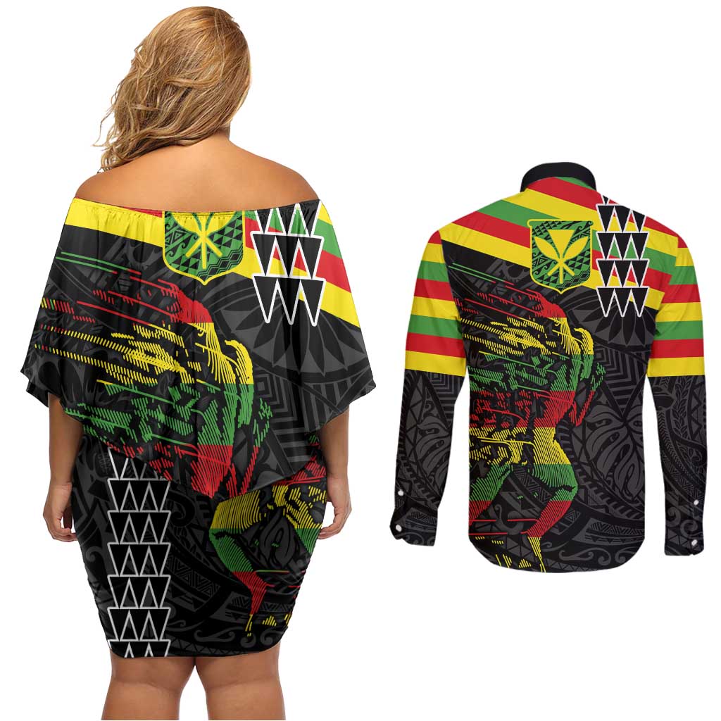 Kanaka Maoli Running Couples Matching Off Shoulder Short Dress and Long Sleeve Button Shirt Kakau Pattern with Kanaka Maoli Flag Color LT03 - Polynesian Pride