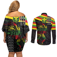 Kanaka Maoli Running Couples Matching Off Shoulder Short Dress and Long Sleeve Button Shirt Kakau Pattern with Kanaka Maoli Flag Color LT03 - Polynesian Pride