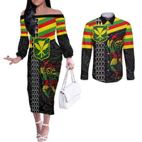 Kanaka Maoli Running Couples Matching Off The Shoulder Long Sleeve Dress and Long Sleeve Button Shirt Kakau Pattern with Kanaka Maoli Flag Color LT03 Black - Polynesian Pride