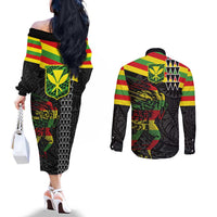 Kanaka Maoli Running Couples Matching Off The Shoulder Long Sleeve Dress and Long Sleeve Button Shirt Kakau Pattern with Kanaka Maoli Flag Color LT03 - Polynesian Pride