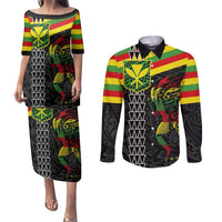 Kanaka Maoli Running Couples Matching Puletasi and Long Sleeve Button Shirt Kakau Pattern with Kanaka Maoli Flag Color LT03 Black - Polynesian Pride