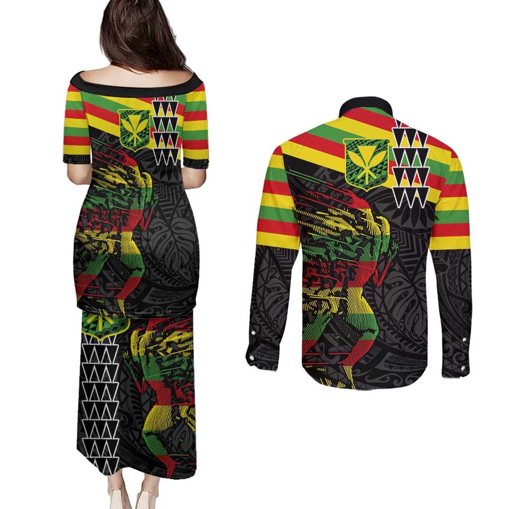 Kanaka Maoli Running Couples Matching Puletasi and Long Sleeve Button Shirt Kakau Pattern with Kanaka Maoli Flag Color LT03 - Polynesian Pride