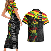 Kanaka Maoli Running Couples Matching Short Sleeve Bodycon Dress and Hawaiian Shirt Kakau Pattern with Kanaka Maoli Flag Color LT03 - Polynesian Pride