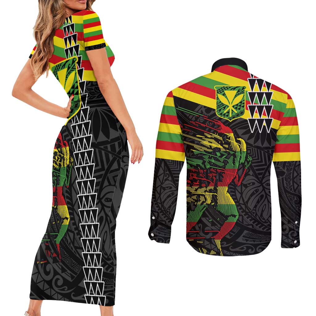 Kanaka Maoli Running Couples Matching Short Sleeve Bodycon Dress and Long Sleeve Button Shirt Kakau Pattern with Kanaka Maoli Flag Color LT03 - Polynesian Pride