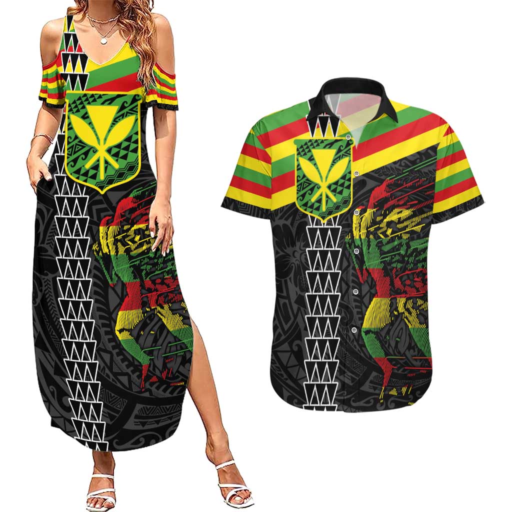 Kanaka Maoli Running Couples Matching Summer Maxi Dress and Hawaiian Shirt Kakau Pattern with Kanaka Maoli Flag Color LT03 Black - Polynesian Pride