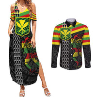 Kanaka Maoli Running Couples Matching Summer Maxi Dress and Long Sleeve Button Shirt Kakau Pattern with Kanaka Maoli Flag Color LT03 Black - Polynesian Pride