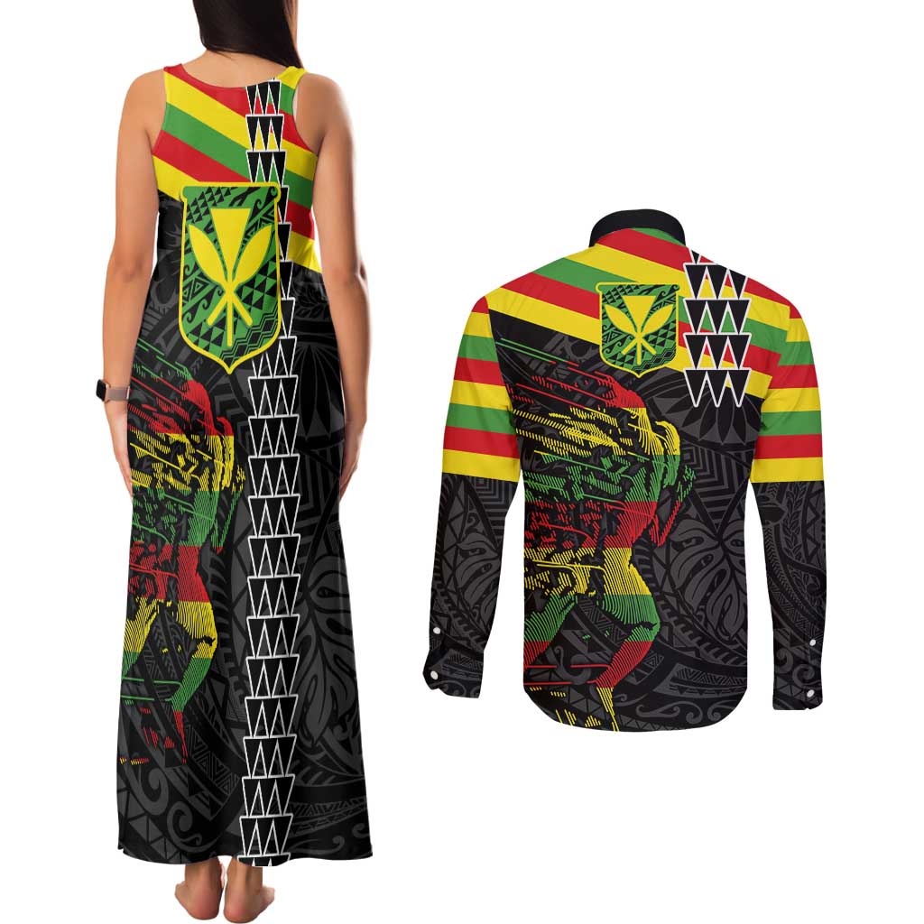 Kanaka Maoli Running Couples Matching Tank Maxi Dress and Long Sleeve Button Shirt Kakau Pattern with Kanaka Maoli Flag Color LT03 - Polynesian Pride