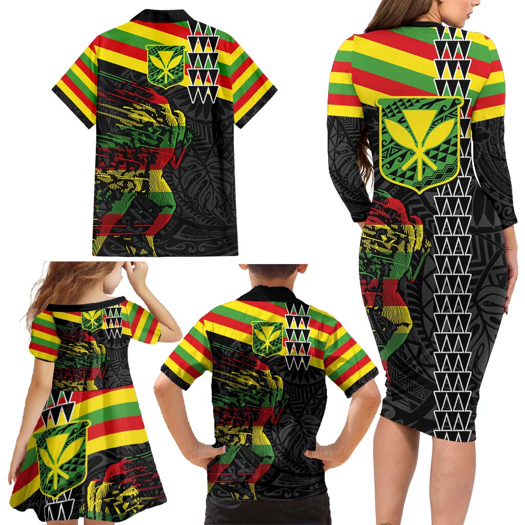 Kanaka Maoli Running Family Matching Long Sleeve Bodycon Dress and Hawaiian Shirt Kakau Pattern with Kanaka Maoli Flag Color LT03 - Polynesian Pride