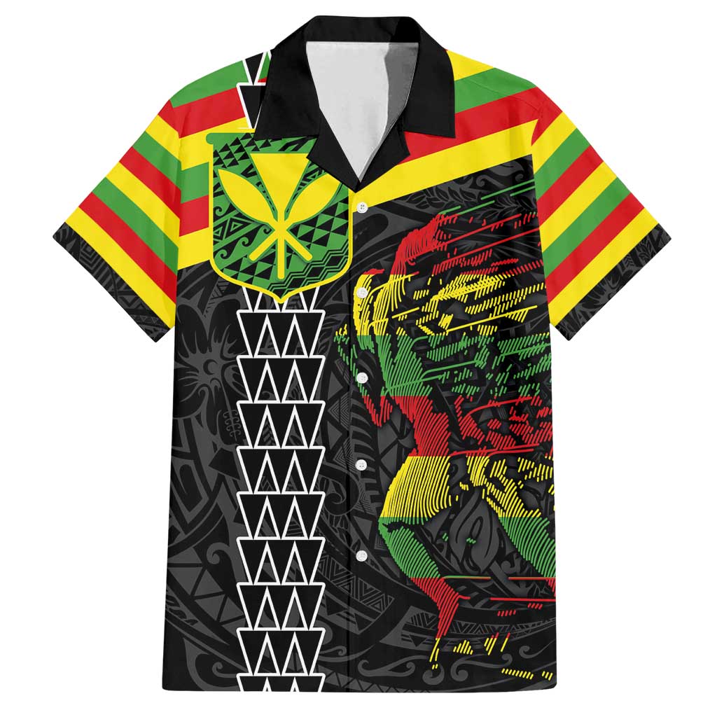 Kanaka Maoli Running Family Matching Long Sleeve Bodycon Dress and Hawaiian Shirt Kakau Pattern with Kanaka Maoli Flag Color LT03 Dad's Shirt - Short Sleeve Black - Polynesian Pride