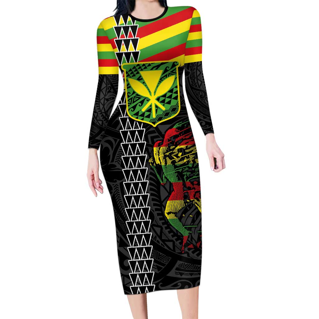 Kanaka Maoli Running Family Matching Long Sleeve Bodycon Dress and Hawaiian Shirt Kakau Pattern with Kanaka Maoli Flag Color LT03 Mom's Dress Black - Polynesian Pride