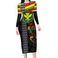 Kanaka Maoli Running Family Matching Long Sleeve Bodycon Dress and Hawaiian Shirt Kakau Pattern with Kanaka Maoli Flag Color LT03 Mom's Dress Black - Polynesian Pride