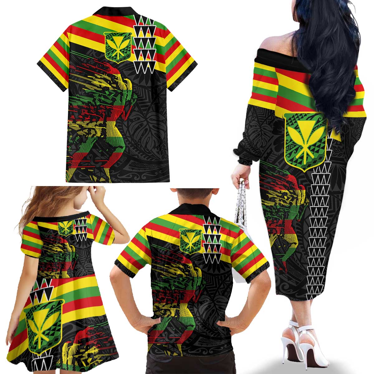 Kanaka Maoli Running Family Matching Off The Shoulder Long Sleeve Dress and Hawaiian Shirt Kakau Pattern with Kanaka Maoli Flag Color LT03 - Polynesian Pride