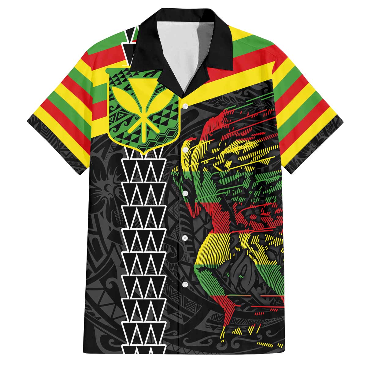 Kanaka Maoli Running Family Matching Off The Shoulder Long Sleeve Dress and Hawaiian Shirt Kakau Pattern with Kanaka Maoli Flag Color LT03 Dad's Shirt - Short Sleeve Black - Polynesian Pride