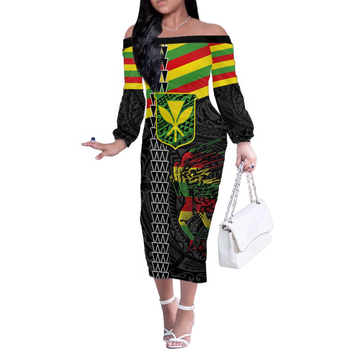 Kanaka Maoli Running Family Matching Off The Shoulder Long Sleeve Dress and Hawaiian Shirt Kakau Pattern with Kanaka Maoli Flag Color LT03 Mom's Dress Black - Polynesian Pride