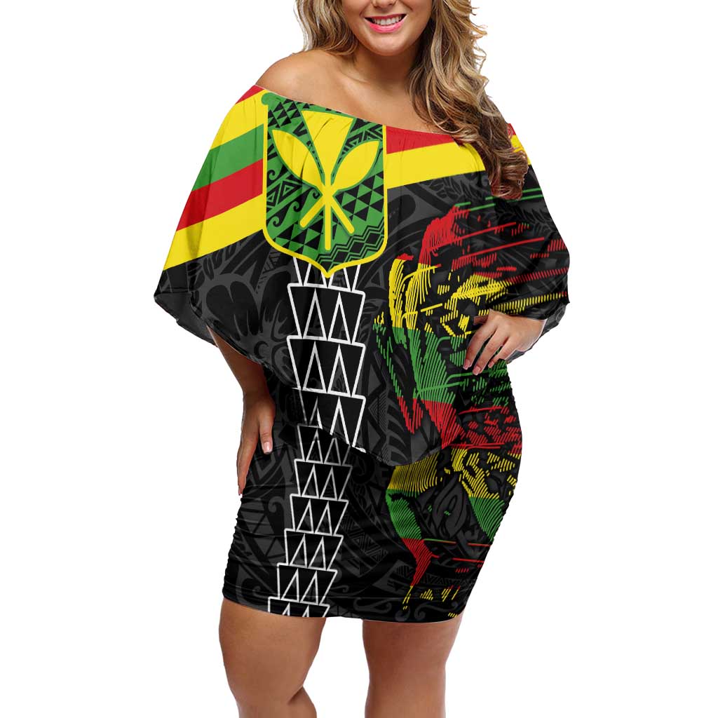 Kanaka Maoli Running Family Matching Off Shoulder Short Dress and Hawaiian Shirt Kakau Pattern with Kanaka Maoli Flag Color LT03 Mom's Dress Black - Polynesian Pride