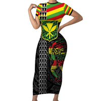 Kanaka Maoli Running Family Matching Short Sleeve Bodycon Dress and Hawaiian Shirt Kakau Pattern with Kanaka Maoli Flag Color LT03 Mom's Dress Black - Polynesian Pride