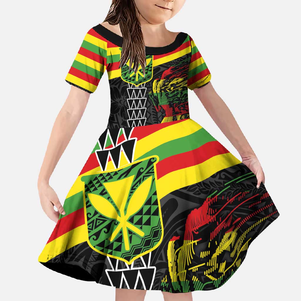 Kanaka Maoli Running Family Matching Summer Maxi Dress and Hawaiian Shirt Kakau Pattern with Kanaka Maoli Flag Color LT03 Daughter's Dress Black - Polynesian Pride