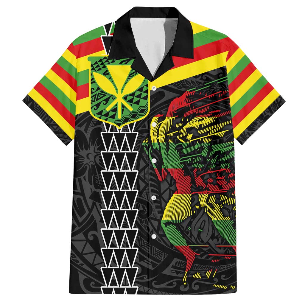 Kanaka Maoli Running Family Matching Summer Maxi Dress and Hawaiian Shirt Kakau Pattern with Kanaka Maoli Flag Color LT03 Dad's Shirt - Short Sleeve Black - Polynesian Pride