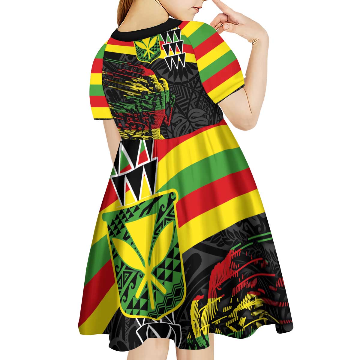 Kanaka Maoli Running Kid Short Sleeve Dress Kakau Pattern with Kanaka Maoli Flag Color LT03 - Polynesian Pride