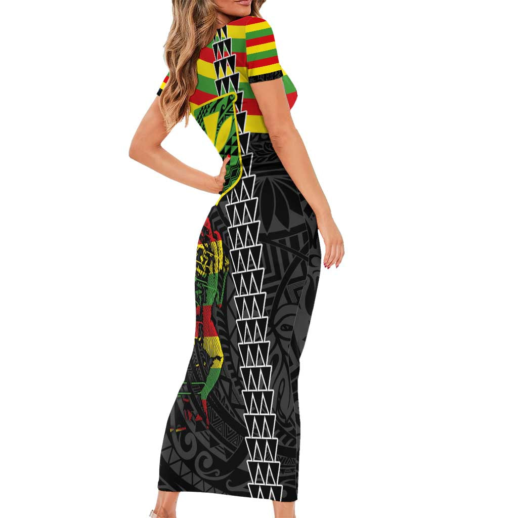 Kanaka Maoli Running Short Sleeve Bodycon Dress Kakau Pattern with Kanaka Maoli Flag Color LT03 - Polynesian Pride